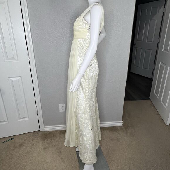 Size 6 Maxi One Shoulder Lace Gown Maxi Dress Whimsical Fairy Angelic Prom Ivory - Picture 4 of 9